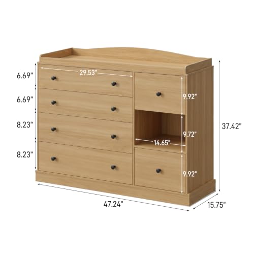 Kids Dresser Cabinet with 6 Drawers, Changing Table for Nursery with Shelf, Multi-Functional Chest of Drawers, Kids Bedroom Furniture, Nightstand for Children's Room, Oak - color: Oak