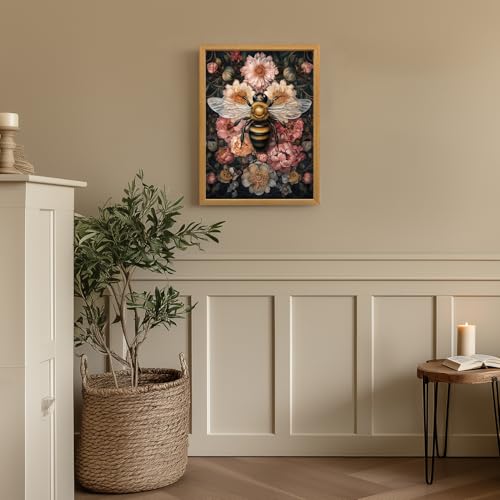 LLEEMPI William Morris Bee Floral Wall Art, 12x16 Wood Framed Print | Vintage bee and floral botanical art in a wood frame for living room, bedroom, nursery or hallway; nature-inspired decor. - color: Bee, size: 16"L x 12"W