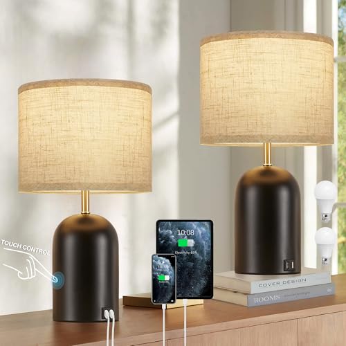 Bedside Lamps with USB C+A Charging Ports, Table Lamp Touch Control Dimmable Modern Lamp for Bedroom Lamps for Night Stands with Fabric Shade for Living Room Office Dorm (LED Bulbs Included) - color: Balck, size: 18"