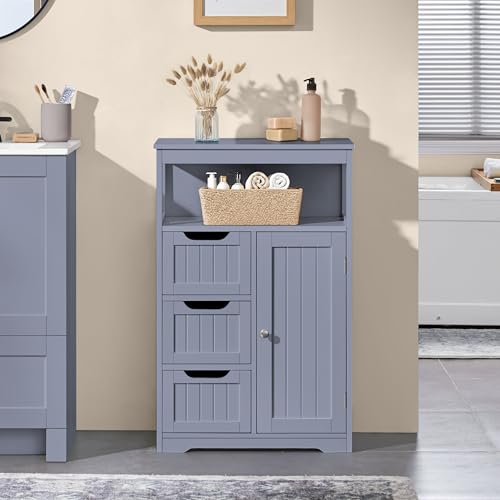 Yaheetech Small Freestanding Bathroom Storage Cabinet with 3 Drawers, Gray | Slim Floor Cabinet Organizer for Bathroom, Living Room or Entryway, Beadboard Fronts, an Open Cubby, Adjustable MDF Shelf - color: Grey, size: 12"D x 22"W x 34"H