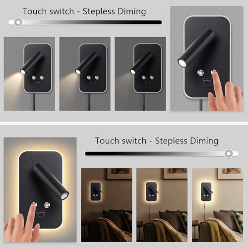 Wall-Mounted LED Bedside Reading Light Plug-in, with USB Charging Port, Stepless Touch Dimming, 3000K Warm Ambient Lighting Wall Lamp Sconce for Bedroom, Eye-Caring Bedroom Lighting (Black) - color: Black (with plug)