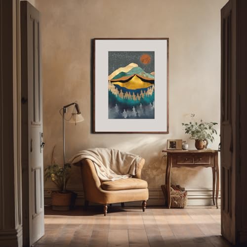 Boho Wall Art for Bedroom - Large Oversize Unframed Rolled Canvas 24x36 Living Room - Modern Boho Moody Room Decor - Texured Metallic Mountain Moon Sun - Emerald Green Marble Golden Nature Tree Forest - size: 24"L x 36"W