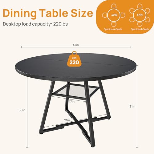 Alpen 47" Round Dining Table for 4-6, Small Kitchen Table with Storage Shelf, Wood Circle Table with Pedestal Metal Frame, Small Space Table for Apartment, Dining Room, Black - color: Black, size: 47 Inches