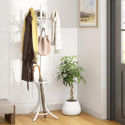 Giantex Solid Wood Coat Rack, Freestanding Hall Tree w/12 Hooks, Umbrella Holder, Entryway Hanger Stand for Coat, Hats, Scarves, Bags, Wooden Garment Rack for Bedroom, Hallway (White) - color: White