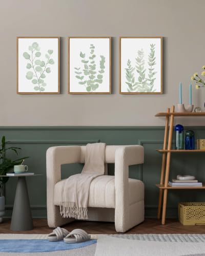 Drsoum Framed Botanical Plant Canvas Wood Wall Art Light Green Sage Wall Decor Eucalyptus Leaf Picture for Bedroom Living Room Bathroom Office 12”x 16” x 3pcs - color: Botanical Wall Art, Natural Frames, size: 12''x 16''x 3pcs