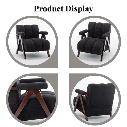 Mid Century Modern Accent Chairs Set of 2 with Solid Wood Frame, Boucle Upholstered Living Room Chairs with Thick Cushion, Comfy Tufted Arm Chair for Bedroom, Black - color: Black, size: 1-seater, 2-piece set