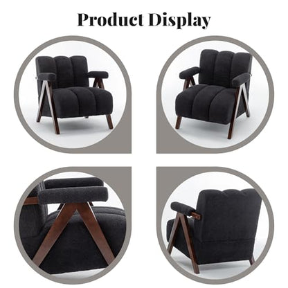 Mid Century Modern Accent Chairs Set of 2 with Solid Wood Frame, Boucle Upholstered Living Room Chairs with Thick Cushion, Comfy Tufted Arm Chair for Bedroom, Black - color: Black, size: 1-seater, 2-piece set
