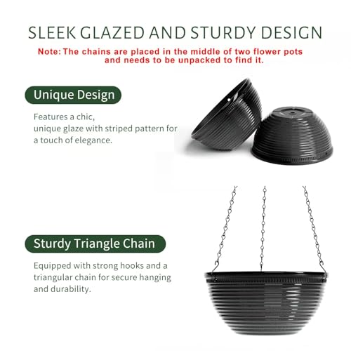 10 Inch Hanging Planters, Glazed Hanging Basket with Drainage Holes, 2 Pack | Hanging Planters for Indoor Outdoor Plants, Plant Hangers for Garden Home - color: Black, size: 10inch