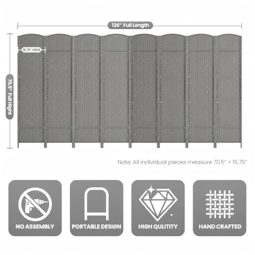 8 Panel Folding Room Divider,Woven Privacy Screen,Grey | Solid wood frame, handcrafted diamond pattern, 6FT tall, extends to 126 inches wide, no assembly required - color: Grey, size: 8-Panel