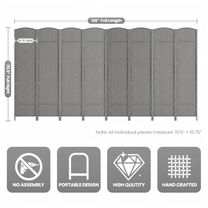 8 Panel Folding Room Divider,Woven Privacy Screen,Grey | Solid wood frame, handcrafted diamond pattern, 6FT tall, extends to 126 inches wide, no assembly required - color: Grey, size: 8-Panel