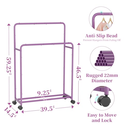 Simple Trending Clothing Clothes Rack, Double Rod Garment Rack, Purple | Portable Closet with Bottom Shelf, Anti-Slip Stoppers, 360° Lockable Wheels, Multiple Uses, Bedroom, Laundry Room - color: Purple
