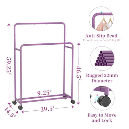 Simple Trending Clothing Clothes Rack, Double Rod Garment Rack, Purple | Portable Closet with Bottom Shelf, Anti-Slip Stoppers, 360° Lockable Wheels, Multiple Uses, Bedroom, Laundry Room - color: Purple