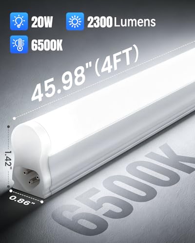 (6 Pack) 4FT T5 LED Integrated Fixture, 6500K,20W,2300LM(Super Bright White) Linkable LED Shop Light,Garage Ceiling and Cabinet Light,Strip Light,Corded Electric with ON/Off Switch - size: 6 PACK