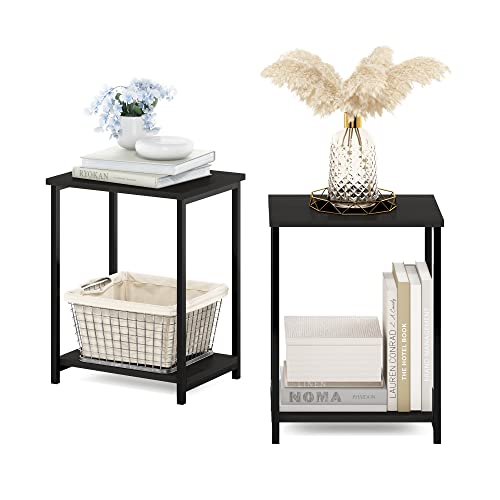 2-Tier Set of 2 Modern End Table with Metal Frame, Open Shelf Night Stand, Easy Assembly Side Table, Bedside Table, for Bedroom, Living Room, Espresso - color: Espresso, size: 2 Tier, Set of 2
