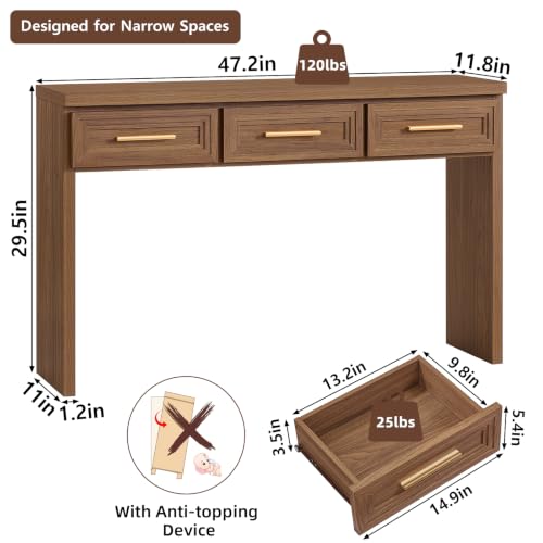 RWYHG 47" Entryway Table with 3 Drawers, Wood Console Table, Light Walnut | Layered Drawer Front Design , Open Bottom Storage, Farmhouse Behind Couch Table, Entry Table for Living Room Hallway& Foyer - color: Light Walnut