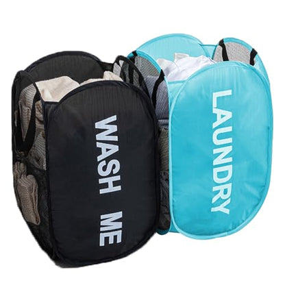 2Pack Mesh Pop Up Laundry Hamper, Foldable Laundry Basket with Side Pocket for Bedroom, Laundry Room, Travel, Cruise (Black+Blue) - color: Black + Sky Blue