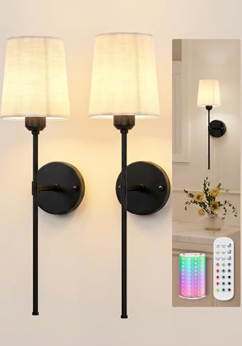 Rechargeable Wall Lights Set of 2, 7500mAh, RGB, Battery Operated Wall Sconces with Remote, Dimmable, Magnetic Bulbs, No-Wiring Installation, Wireless Wall Lamps for Bedroom, Living Room, Hallway - color: Black, size: 24 inches