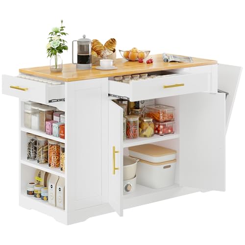 DWVO Large Kitchen Island with Trash Can Cabinet | 53 Inch Kitchen Island on Wheels, Rolling Island with Tilt‑Out Garbage Storage Fits 13 Gallon Bin - color: White