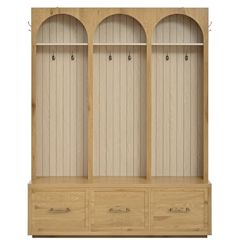 JIVOIT Farmhouse Hall Tree with Three Arched Design, All-in-One Design Wooden Coat Rack & Shoe Organizer with 3 Drawers, 59" Wide Entryway Bench with 8 Retro Hooks for Mudroom, Living Room - color: Oak//538