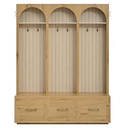 JIVOIT Farmhouse Hall Tree with Three Arched Design, All-in-One Design Wooden Coat Rack & Shoe Organizer with 3 Drawers, 59" Wide Entryway Bench with 8 Retro Hooks for Mudroom, Living Room - color: Oak//538