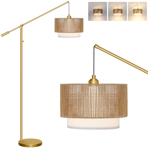 【Upgraded】Arc Floor Lamp for Living Room, Boho Dimmable Swing Arm Floor Lamp with Rattan & Fabric Shades, Gold Rattan Standing Lamp with 11W Bulb, Farmhouse Adjustable Tall Lamp for Bedroom Office - color: Bohemian-Gold