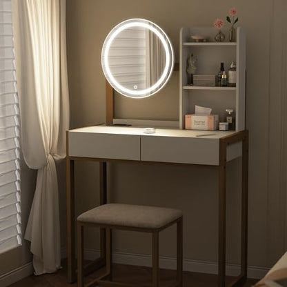Small Vanity Desk with Mirror and Lights, Makeup Vanity Table with LED Mirror, 3 Lighting Modes, Power Outlet, Drawer, Open Shelves and Cushioned Stool for Bedroom (Gold) - color: Gold