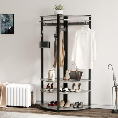 Takywep Corner Coat Rack, Freestanding Storage Organizer with Hanging Rod & Shelves, Space-Saving Entryway Hall Tree for Narrow Hallway, Heavy-Duty Metal Frame, Easy Assembly