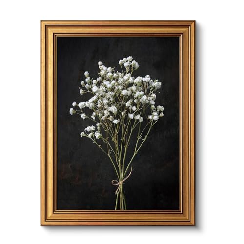 VIYYIEA Vintage Gold Framed Wall Art, Retro Dark Dried Wildflower Canvas, Aesthetic Classic Botanical Baby Breath Bouquet art, Victorian Wall Decor for Gallery Living Room Bathroom, 12x16inch - color: Gypsophila, size: 16"L x 12"W