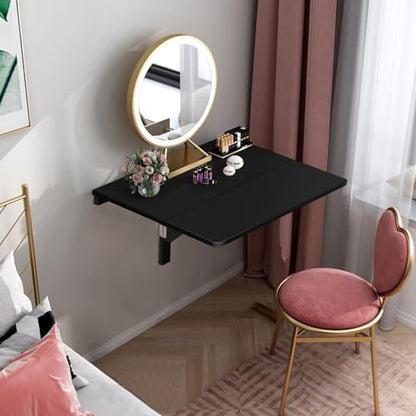 Wall Mounted Folding Table, 31.5’’ x 23.5’’ Wood Floating Desk for Laptop, Study & Dining in Balcony, Bedroom, Bathroom, Kitchen, Drop-Leaf Wall Desk Fold Down for Small Spaces (Black)