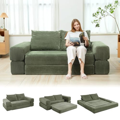 75" Convertible Sofa Bed, Fold Out Couch Bed Futon Sleeper Mattress with Pillows,3-in-1 Foldable Floor Couch Convertible Futon Sofa for Small Spaces - No Assembly Needed Green - color: Green
