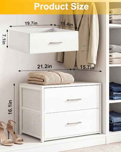 Fixwal Closet Drawers for Clothes, 1 Pack, 2 Drawers Dresser, 21.2" Wide | height 16.1", 2 fabric storage drawers, wooden top, white, spacious storage, dresser for bedroom - size: 15.7"D x 21.2"W x 16.1"H