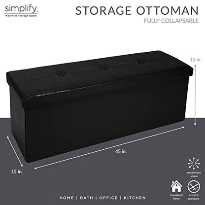 Simplify Faux Leather Folding Storage Ottoman | Triple | Collapsible | Tufted Padded Seating | Foot Rest | Bench | Toy Box | Black - color: Black, size: 15"D x 44"W x 15"H