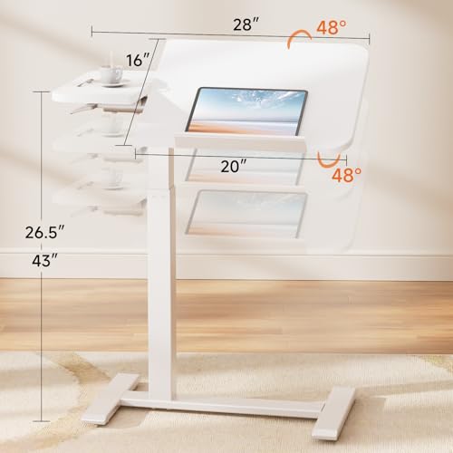 COMHOMA Tiltable Mobile Small Standing Desk, Pneumatic Adjustable Height Overbed Bedside Table with Wheels, Sit Stand Portable Rolling Laptop Desk Computer Workstations, White - color: White