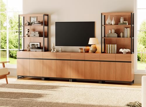 WAMPAT Modern Wall Unit TV Stand with 3 Tiers Bookshelf, Farmhouse Entertainment Center with 4 Storage Cabinets and Adjustable Shelf, Media Console with Black Metal Leg for Living Room, Mocha - color: Mocha