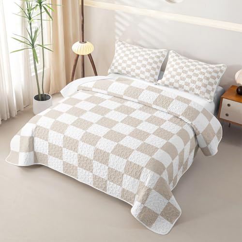 Checkered Quilt Bedding Set,Beige White Plaid Full Size,Modern Aesthetic Grid Quilt Sets for Boys Girls,Retro Neutral Checkerboard Geometric 3Pcs with 2 Pillow Shams - color: Beige White, size: Full