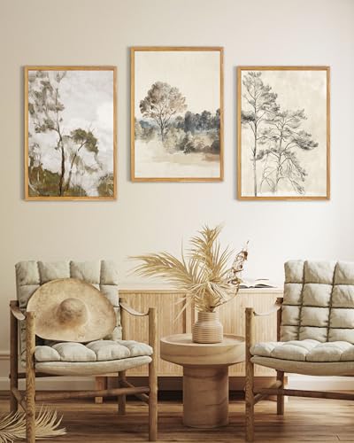 UPWOIGH Neutral Landscape Framed Wall Art, 16 x 24 Inch, Set of 3 | Muted Tree and Countryside Prints, Soft Beige and Gray Tones, Light Wood Frames for Bedroom, Office and Living Room - color: Grey, size: 24"L x 16"W