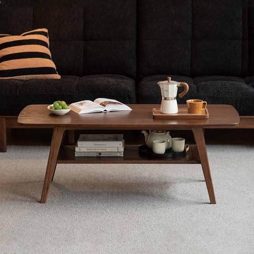 100% Solid Wood Coffee Table for Living Room, Mid Century Modern Small Tables with Shelf Storage, Storage Coffee Table with Rounded Corners (Oak Wood Walnut Color, 47.24" L) - color: Walnut, size: 47.24"L x 22.05"W x 17.32"H