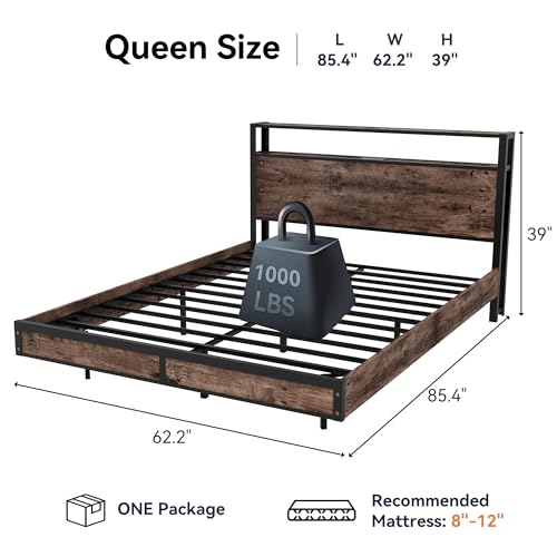 Susalt Queen Size Bed Frame with Storage Headboard, Sturdy Metal Platform Bed Frame with LED Lights and Charging Station, Easy Assembly, No Box Spring Needed, Noise Free, Rustic Brown - size: Queen