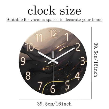 Large Glass Wall Clocks Battery Operated 16 Inch | Round Marble Wall Clock for Living Room Bedroom Office Kitchen Black and Glod Wall Clock Silent Non Ticking - color: Black3, size: 16 Inch