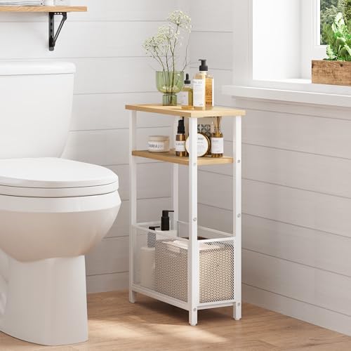 MMEOLUOOK Narrow Side Table with Storage Basket Skinny End Tables for Smalls Spaces 3 Tier Sofa Table Small Nightstand Slim Bedside Table for Living Room Bedroom Natural Wood MLBZ22Y - color: Natural