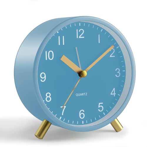 JALL Analog Alarm Clock, 4 inch Super Silent Non Ticking Small Clock with Night Light, Battery Operated, Simple Design, Easy Setting for Office, Bedroom, Bedside, Desk, Teens, Elders, Adult, SkyBlue - color: Skyblue+gold