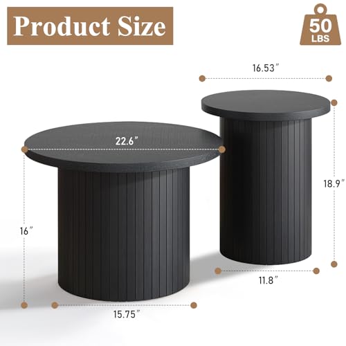 Nesting Coffee Table Set of 2, Mid Century Modern Round Coffee Tables, Wood Slat Side Table Set for Living Room, Office, Balcony, Textured Black - color: Black