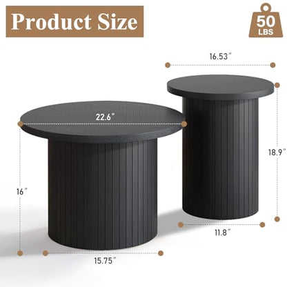 Nesting Coffee Table Set of 2, Mid Century Modern Round Coffee Tables, Wood Slat Side Table Set for Living Room, Office, Balcony, Textured Black - color: Black