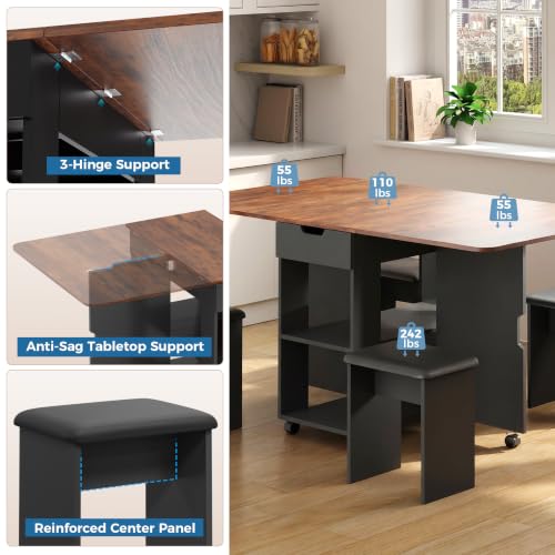 Mondeer 55" Folding Dining Table and Chairs Set 4, Cushioned Stools | 2 Drawers, Storage Shelves, Space Saving Table and Chairs for Kitchen Dining Room Small Spaces, Rustic Brown and Black - color: Rustic Brown and Black