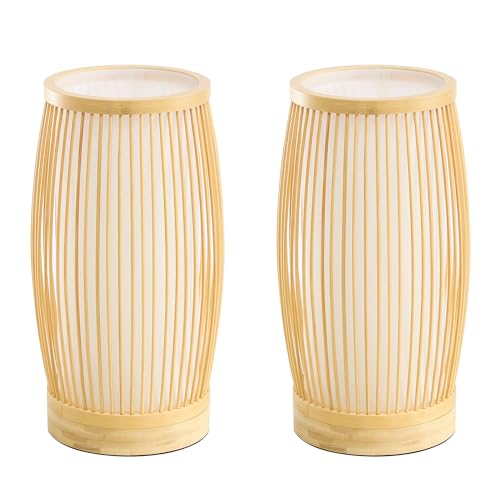 Set of 2 Small Table Lamps, 11" Japandi Bamboo Bedside Lamps with Beige Linen Shades, Boho Nightstand Lamps for Bedroom, Living Room, Dorm Room, Natural - color: Nature
