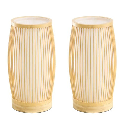 Set of 2 Small Table Lamps, 11" Japandi Bamboo Bedside Lamps with Beige Linen Shades, Boho Nightstand Lamps for Bedroom, Living Room, Dorm Room, Natural - color: Nature
