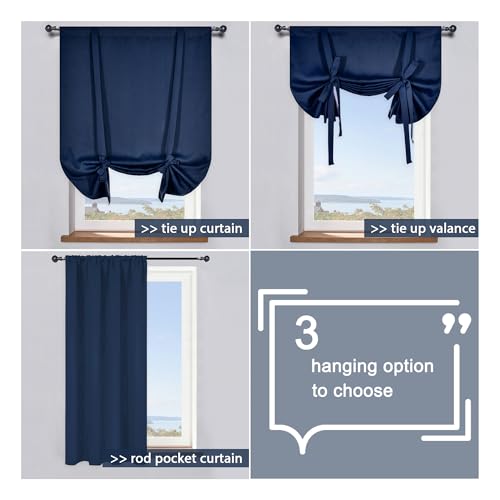 Kitchen Window Curtains - Farmhouse Rod Pocket Adjustable Tie Up Shade Window Treatment Roman Curtain for Cafe -34" Width x 54" Length,Navy,1 Panel - color: Navy Blue, size: 34"W x 54"H
