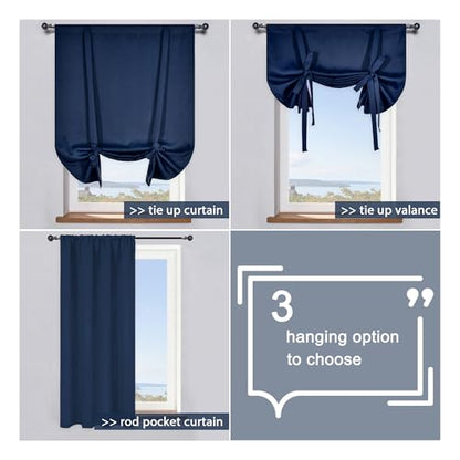 Kitchen Window Curtains - Farmhouse Rod Pocket Adjustable Tie Up Shade Window Treatment Roman Curtain for Cafe -34" Width x 54" Length,Navy,1 Panel - color: Navy Blue, size: 34"W x 54"H