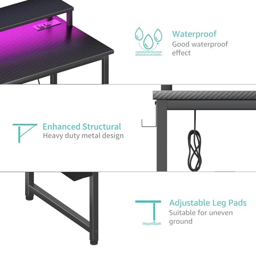 Lufeiya Gaming Desk with Power Outlets and LED Lights, 40 Inch Gamer Desk Table with Charging Station, Home Office Computer Desks with Monitor, Black - color: Carbon Fiber Black, size: 39.4"