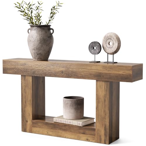 LITTLE TREE 63 Inches Long Console Table, 2-Tier Farmhouse Sofa Table Behind Couch, Large Narrow Entryway Table for Living Room, Wooden Hallway Foyer Table with Heavy Duty Base, Rustic Brown - color: Rustic Brown